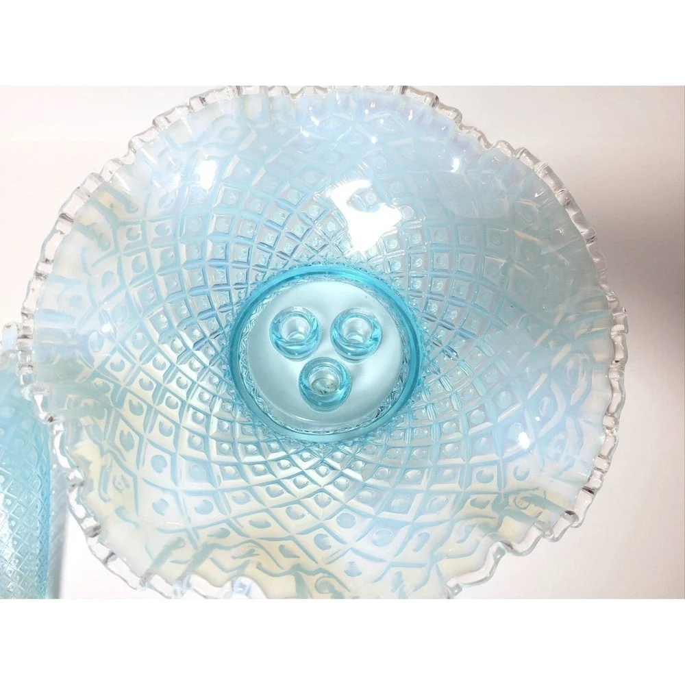 Vintage Fenton Opalescent Aqua‎ Diamond Lace Epergne Centerpiece Vase 3 Horn
